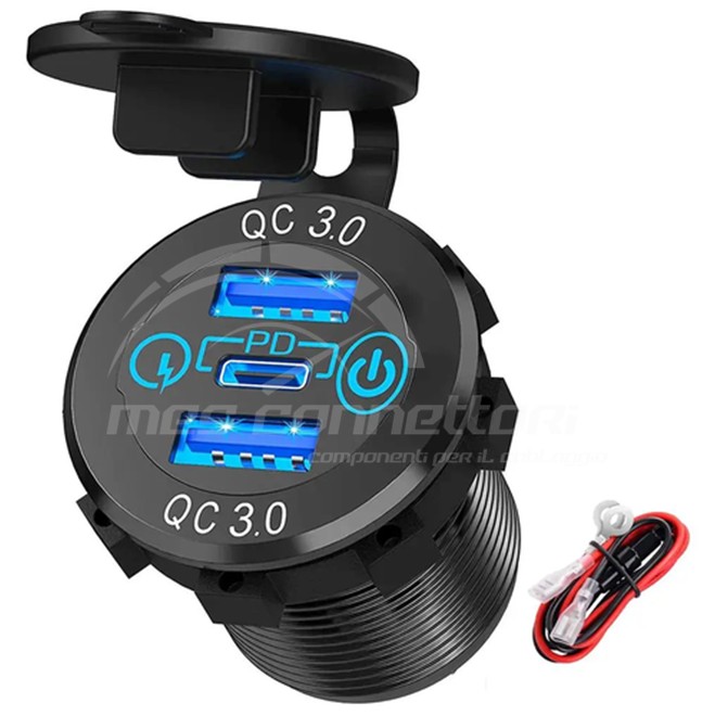 presa con doppia usb 3.0 12/24V + presa usb type c 3A led con interruttore tattile (con cablaggio)