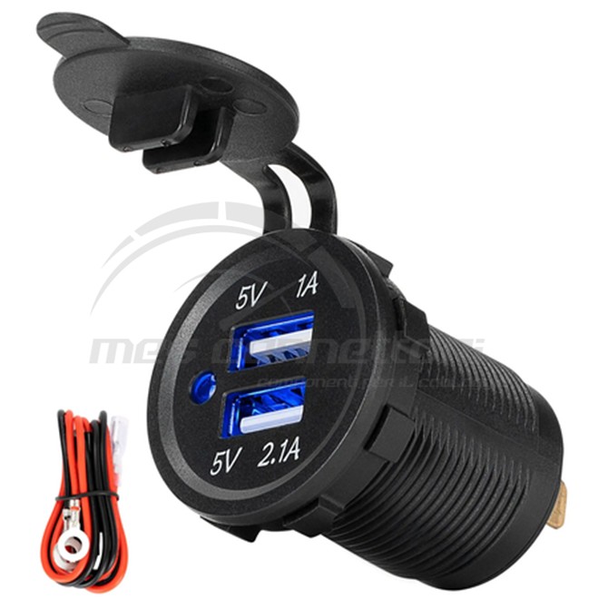 PRESA CON DOPPIA USB TYPE A 12/24V, 1+2.1A  (con cablaggio)